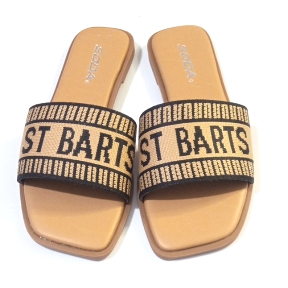 SODA ST BARTS FLAT TAN BLACK SLIDE MULE SANDALS SIZE 6.5 NWT